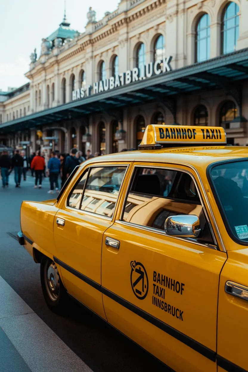 Taxi wacht voor het stationsgebouw