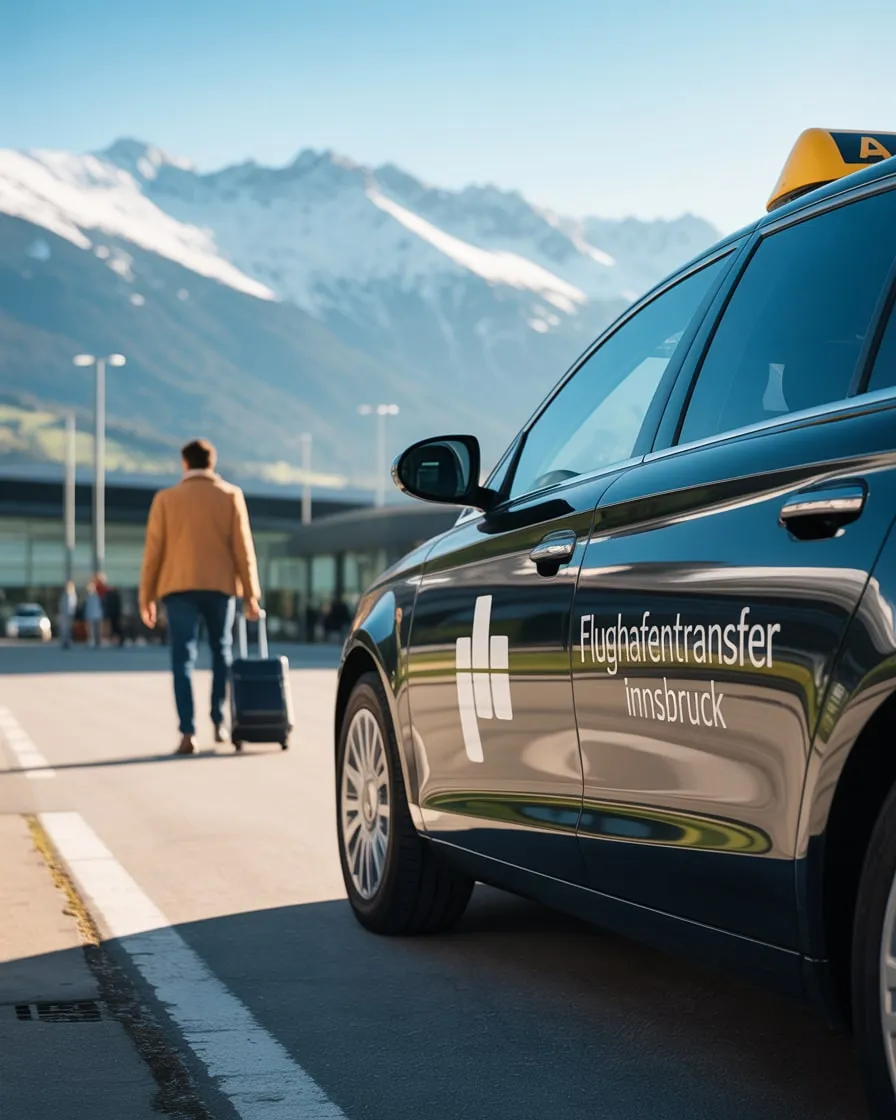 Fahrgast mit Koffer steigt am Flughafen Innsbruck ins Taxi